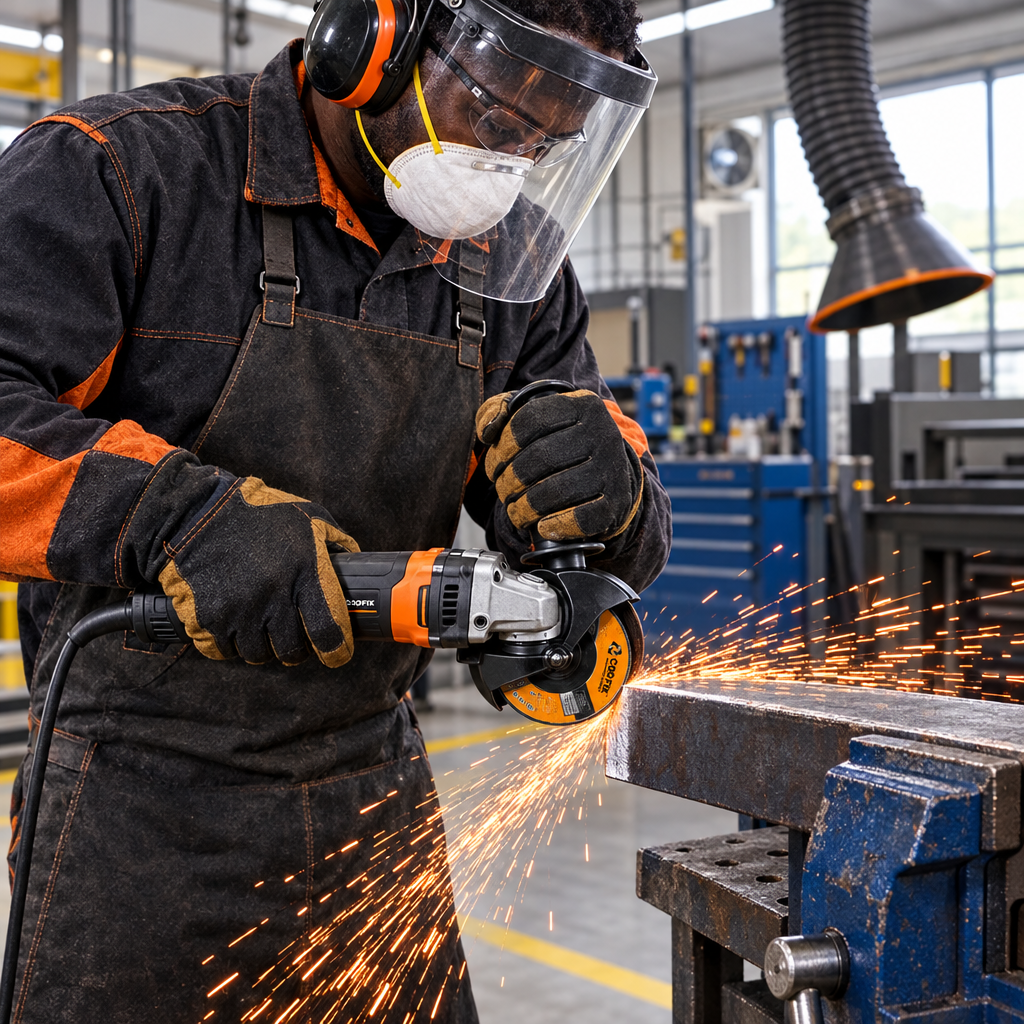 Metalworker using a guarded grinder fitted with a Coofix abrasive disc