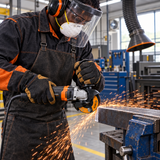 Metalworker using a guarded grinder fitted with a Coofix abrasive disc