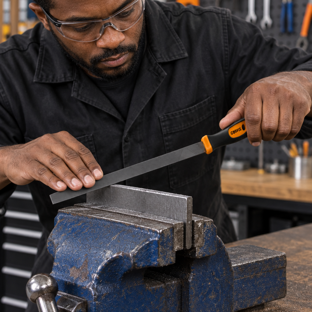 Metalworker using the Coofix flat steel file