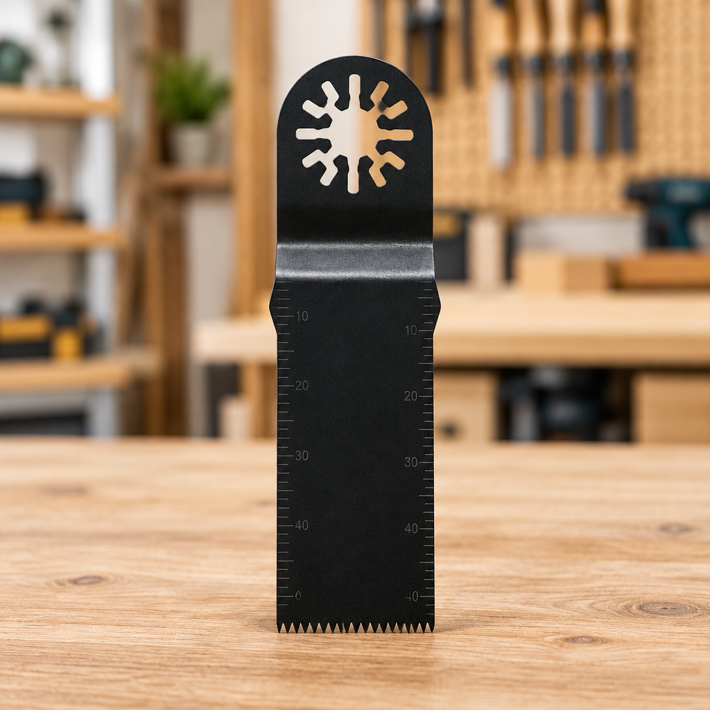 Narrow measured oscillating blade on a workshop table
