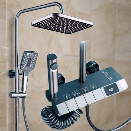 Nate bathroom Shower Set Doli Bathroom Matte Gun Grey Wall Mounted Four-Function Square Rain Shower Set with Temperature Reader & Timer - 6BN