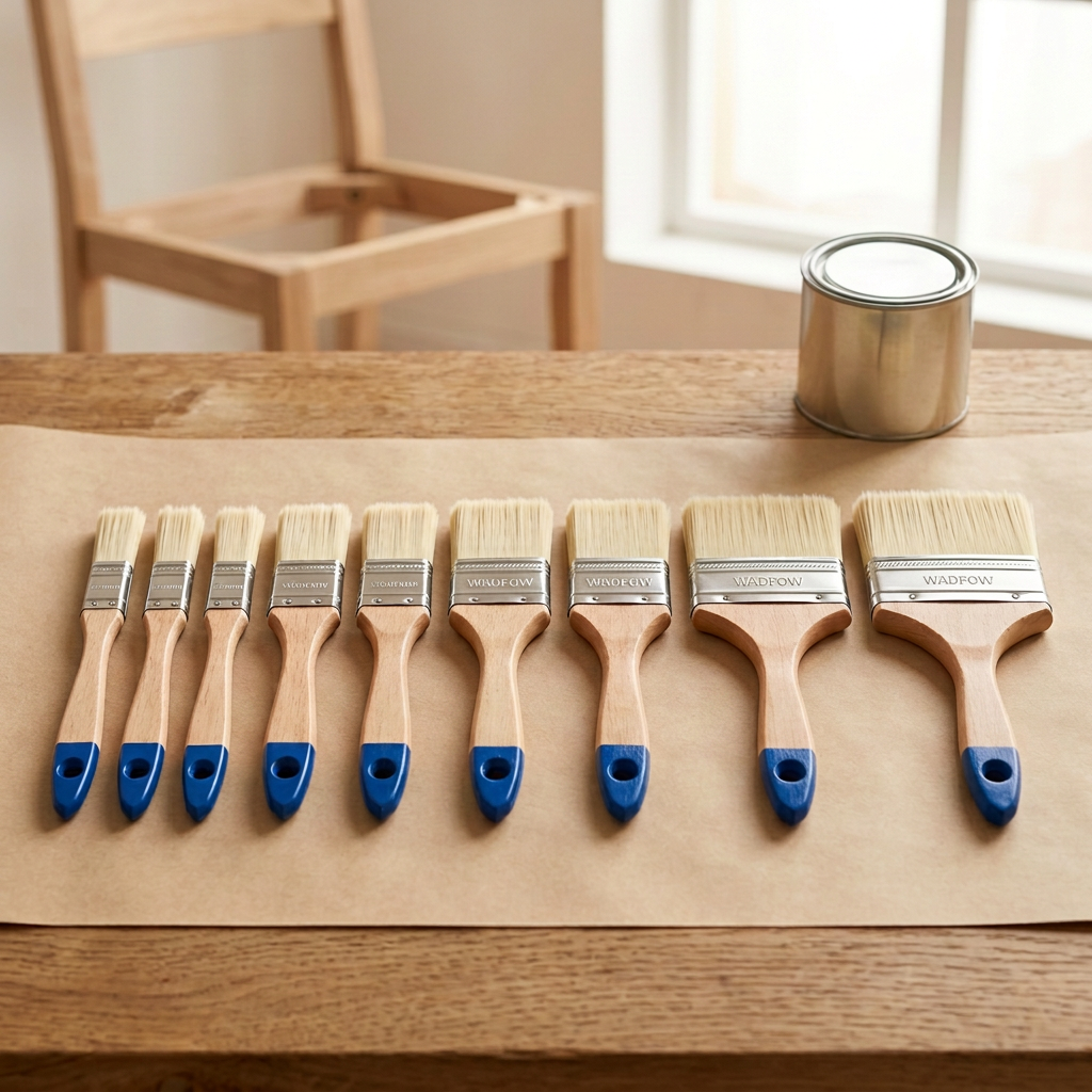 Nine Wadfow wooden-handled brushes arranged on a workshop bench