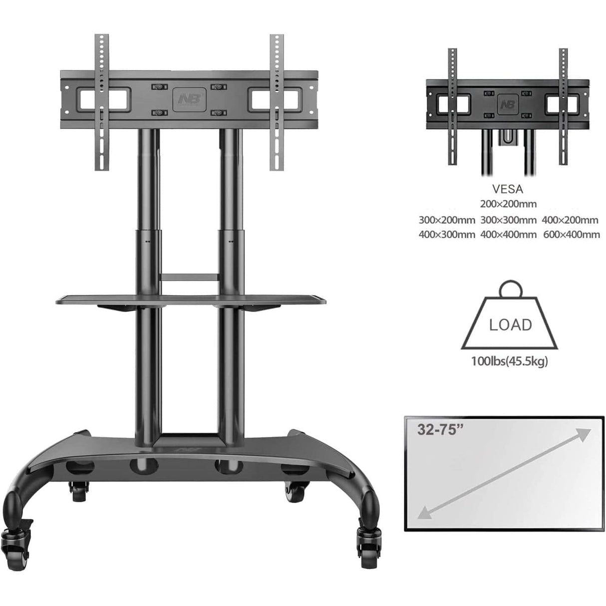 North Bayou Home Accessories NB North Bayou Mobile TV Cart Stand with Wheels - AVA-1500-60-1P