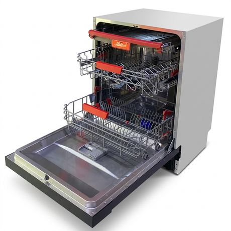 Open Kaiser dishwasher isolated on a white background