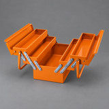 Open orange cantilever toolbox on grey