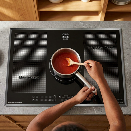 Overhead cooking scene using the central induction zone
