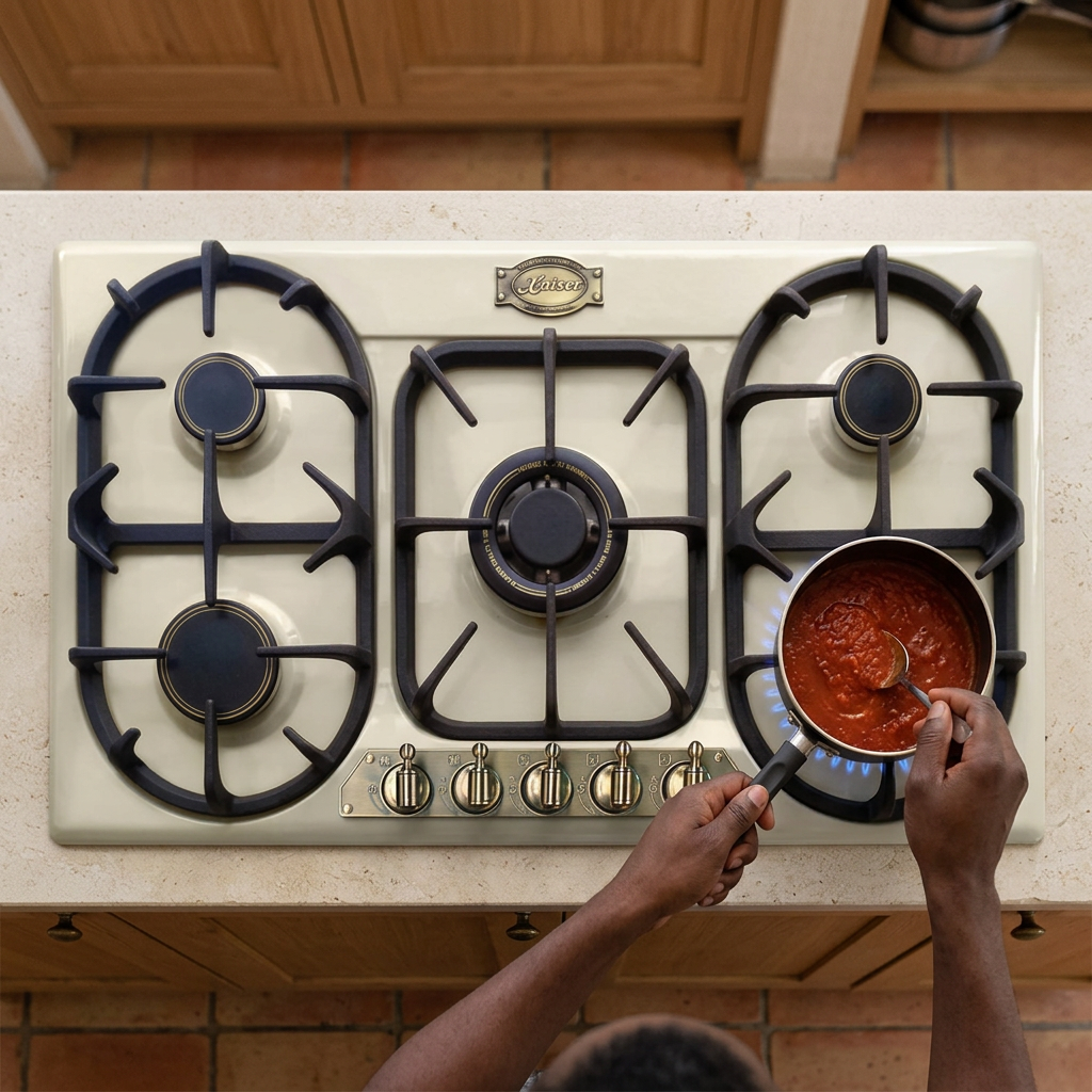 Overhead cooking scene with the ivory Kaiser Empire gas hob