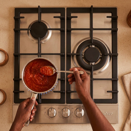 Overhead sauce-making scene with the Kaiser three-burner hob
