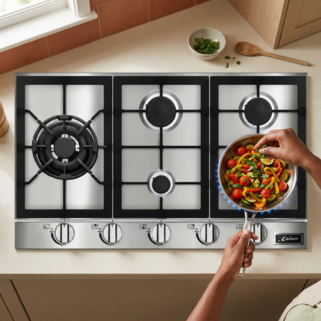 Overhead seasoning scene with the Kaiser Avantgarde Pro 90cm stainless-steel gas hob