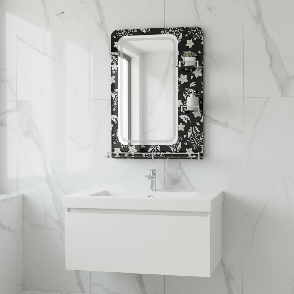 Padmore Bathroom Mirrors Dark Flower Bathroom Mirror with Triple Glass Shelf 50x70cm