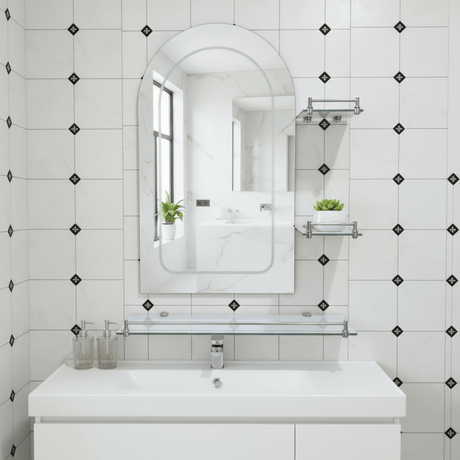 Padmore Bathroom Mirrors Heavy Curved Bathroom Mirror with Triple Glass Shelf 70x50cm
