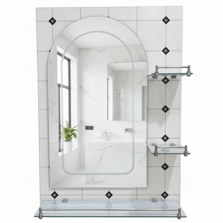 Padmore Bathroom Mirrors Heavy Curved Bathroom Mirror with Triple Glass Shelf 70x50cm