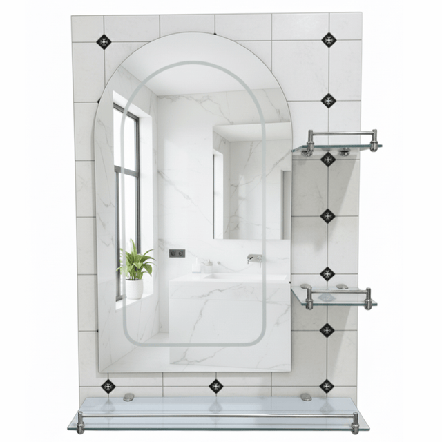 Padmore Bathroom Mirrors Heavy Curved Bathroom Mirror with Triple Glass Shelf 70x50cm