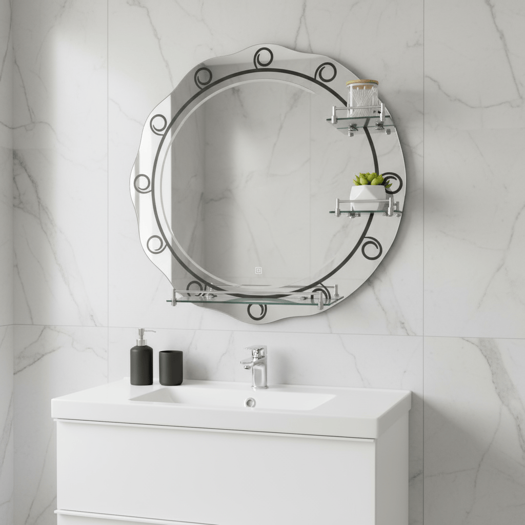 Padmore Bathroom Mirrors Heavy Round Bathroom Mirror with Triple Shelf 60cm x 60cm