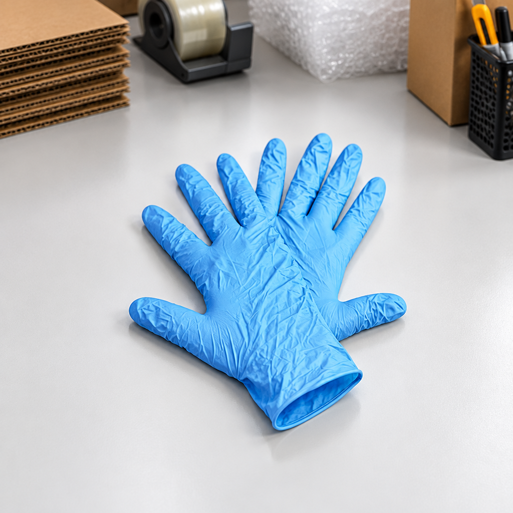 Pair of blue disposable gloves on a workbench
