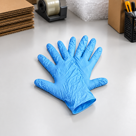 Pair of blue disposable gloves on a workbench