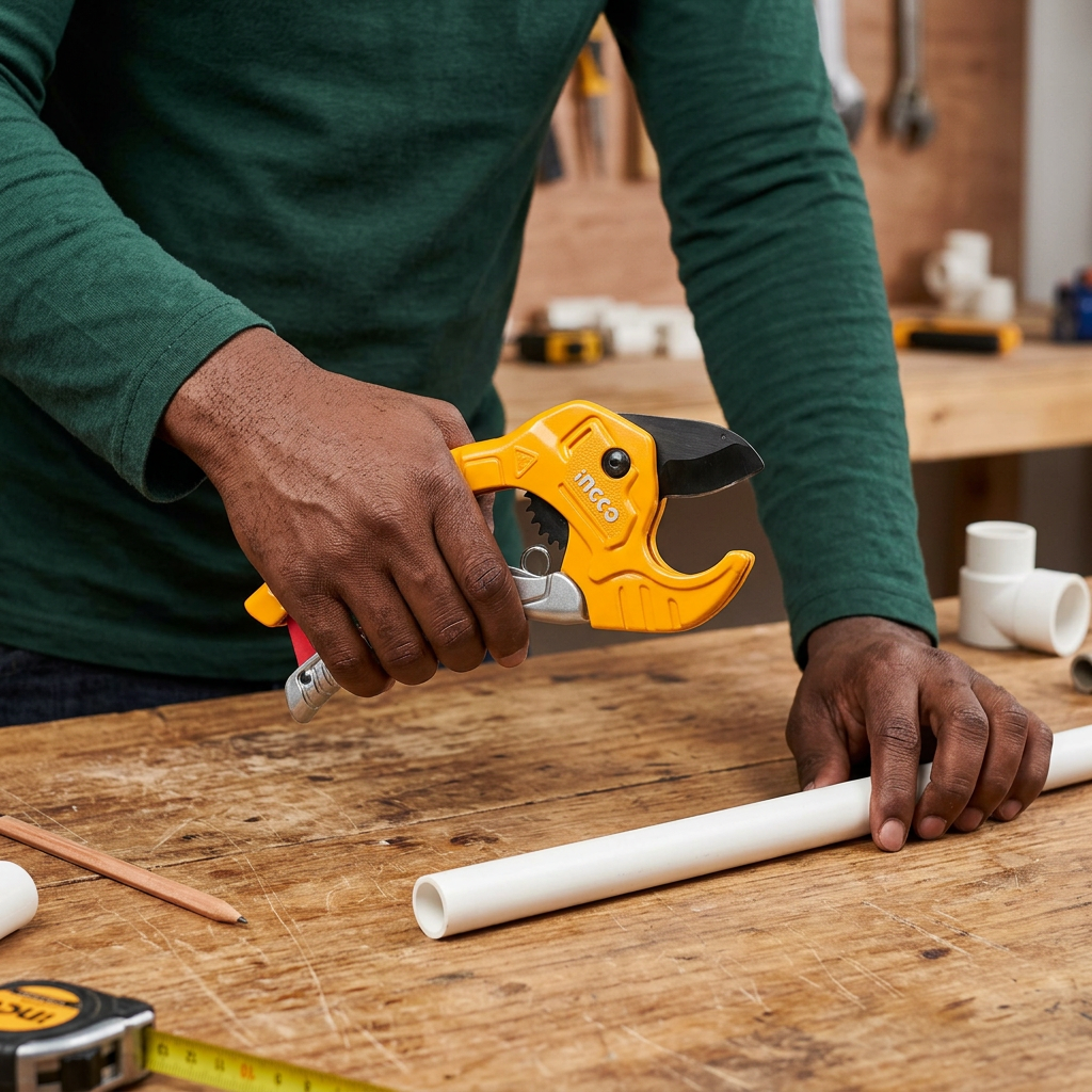 Plumber preparing the Ingco PVC pipe cutter beside a pipe on the workbench