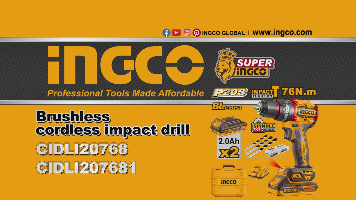 Ingco Lithium-Ion Compact Brushless Cordless Impact Drill With Battery And Charger - CIDLI20768