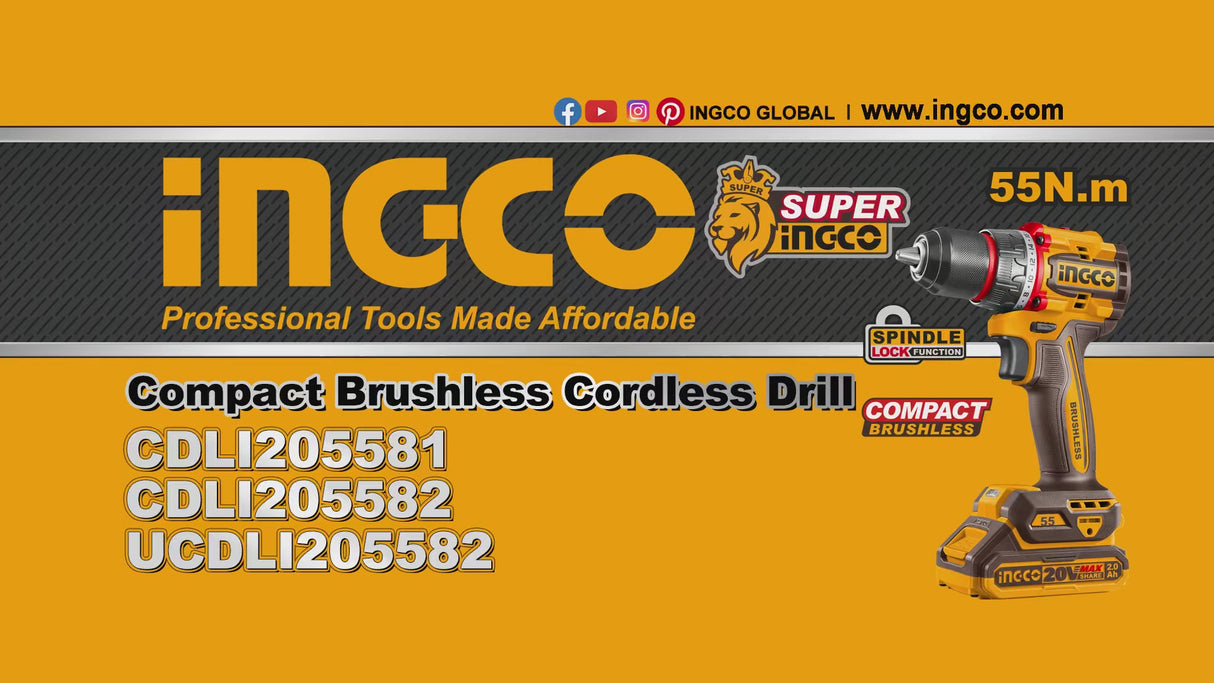 Ingco Lithium-Ion Compact Brushless Cordless Drill 20V - CDLI205581