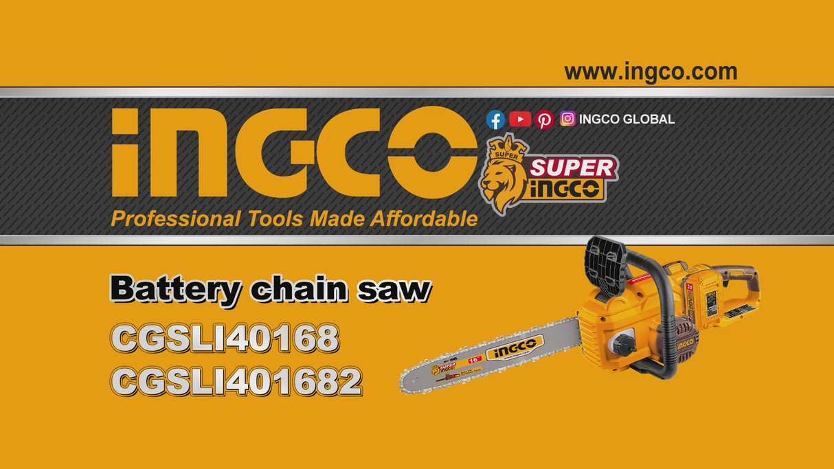 Ingco 40V Brushless 16" Lithium-Ion Cordless Chain Saw with 14.5m/s Chain Speed – CGSLI40168