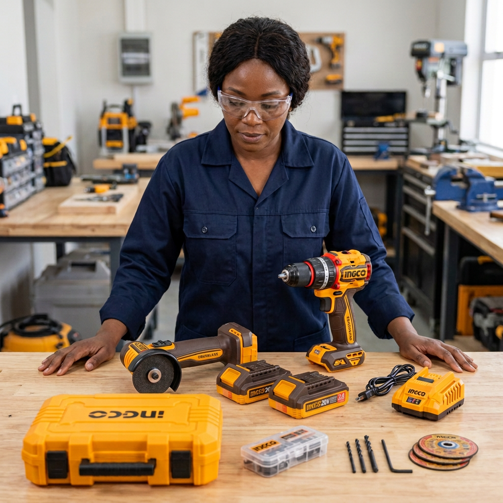Professional technician inspecting the Ingco combo kit