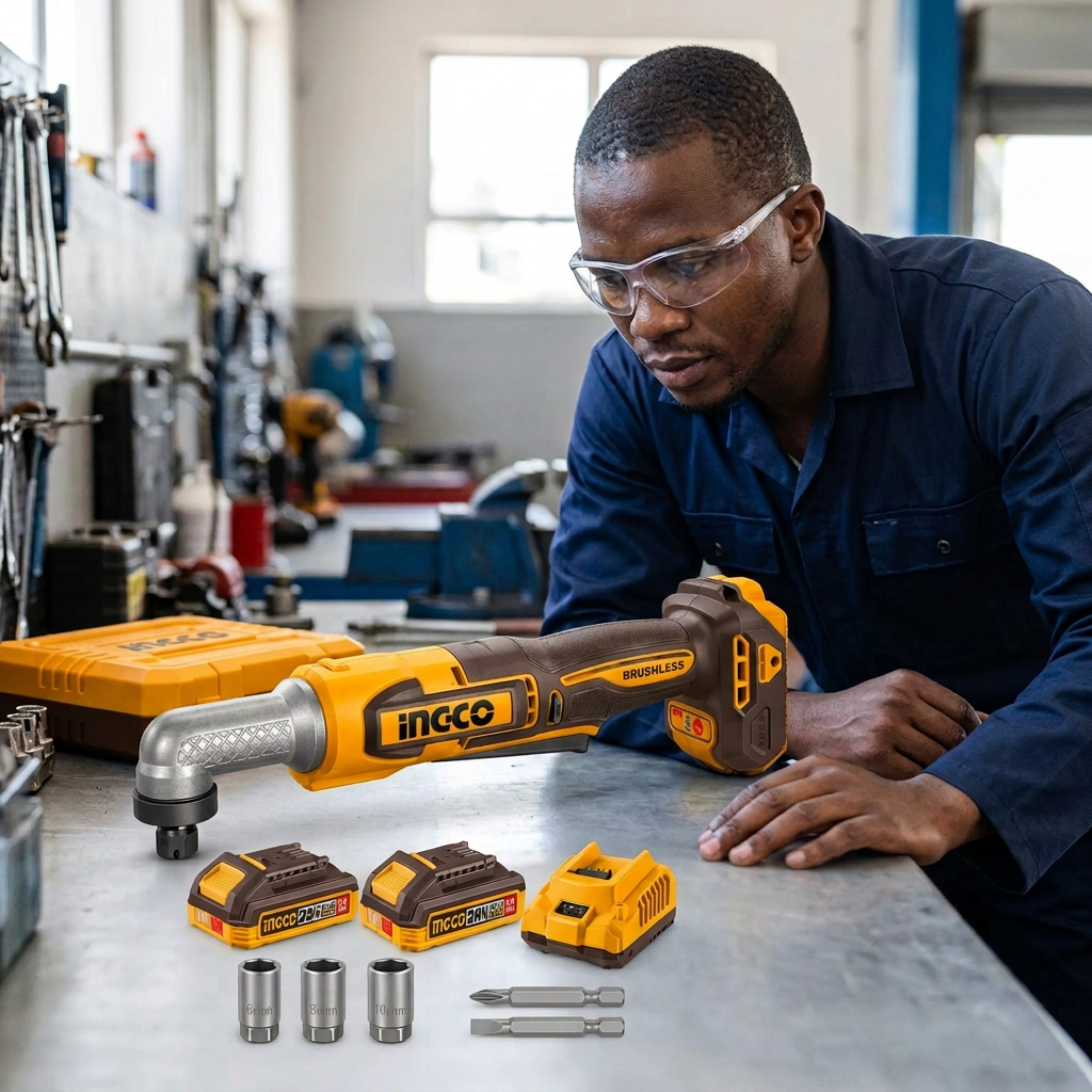 Professional technician inspecting the Ingco right-angle impact tool kit