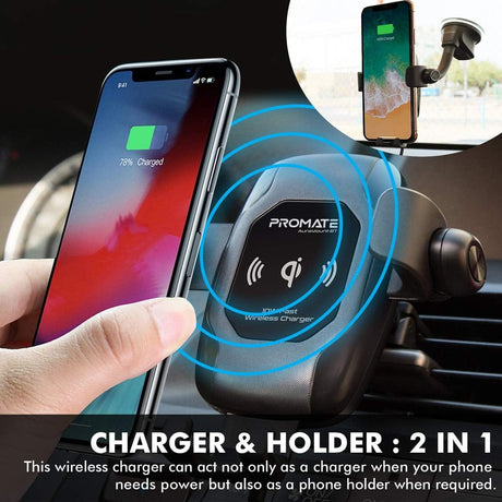 Promate Power & Charging Accessories Promate 10W Qi Wireless Car Charger Phone Mount with Auto Clamp - AuraMount-BT