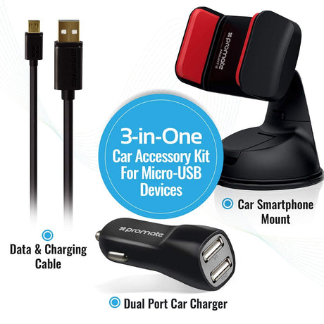 Promate Power & Charging Accessories Promate 3-in-1 Car Charger & Mount Accessory Kit - Carkit-HM