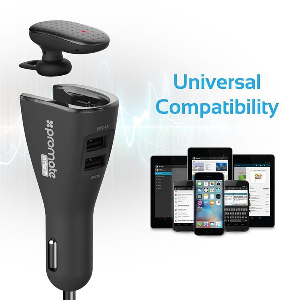 Promate Audio & Entertainment Promate Bluetooth Headset with Dual USB Car Charger - Aria-2