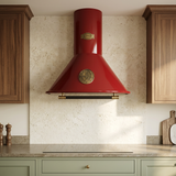 Red Belle Epoque hood in a walnut-and-sage kitchen