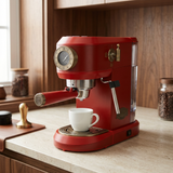 Red Kaiser espresso machine at a walnut coffee station