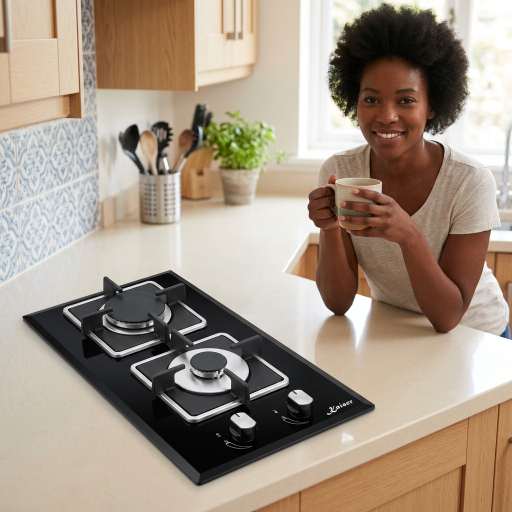 Relaxed tea-break lifestyle scene beside the Kaiser Grand Chef Domino black hob
