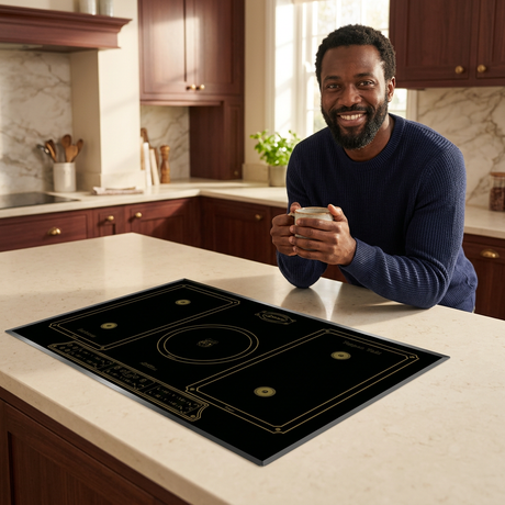 Relaxed tea-break scene beside the black Kaiser Empire induction hob