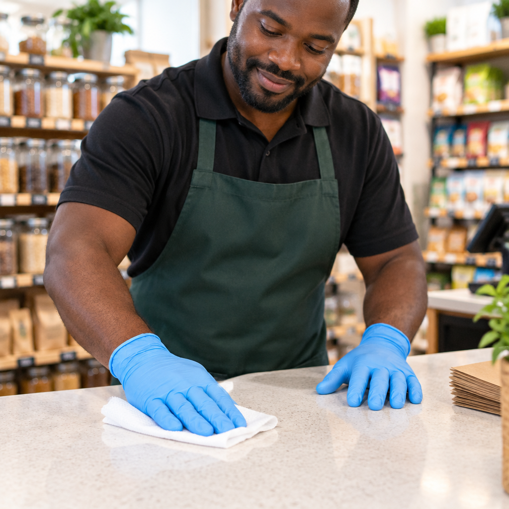 Retail worker wearing blue disposable gloves at a packing counter