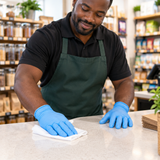 Retail worker wearing blue disposable gloves at a packing counter