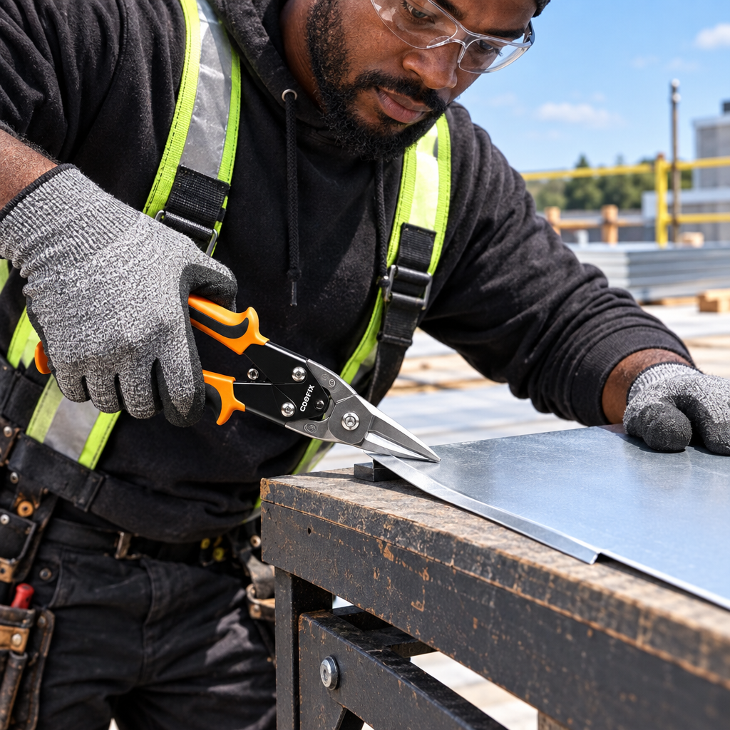 Roofer using Coofix aviation snips from the edge of a metal sheet