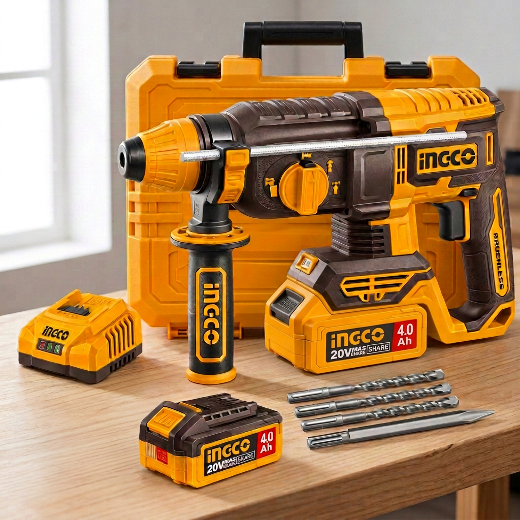 Rotary hammer kit on a workshop bench