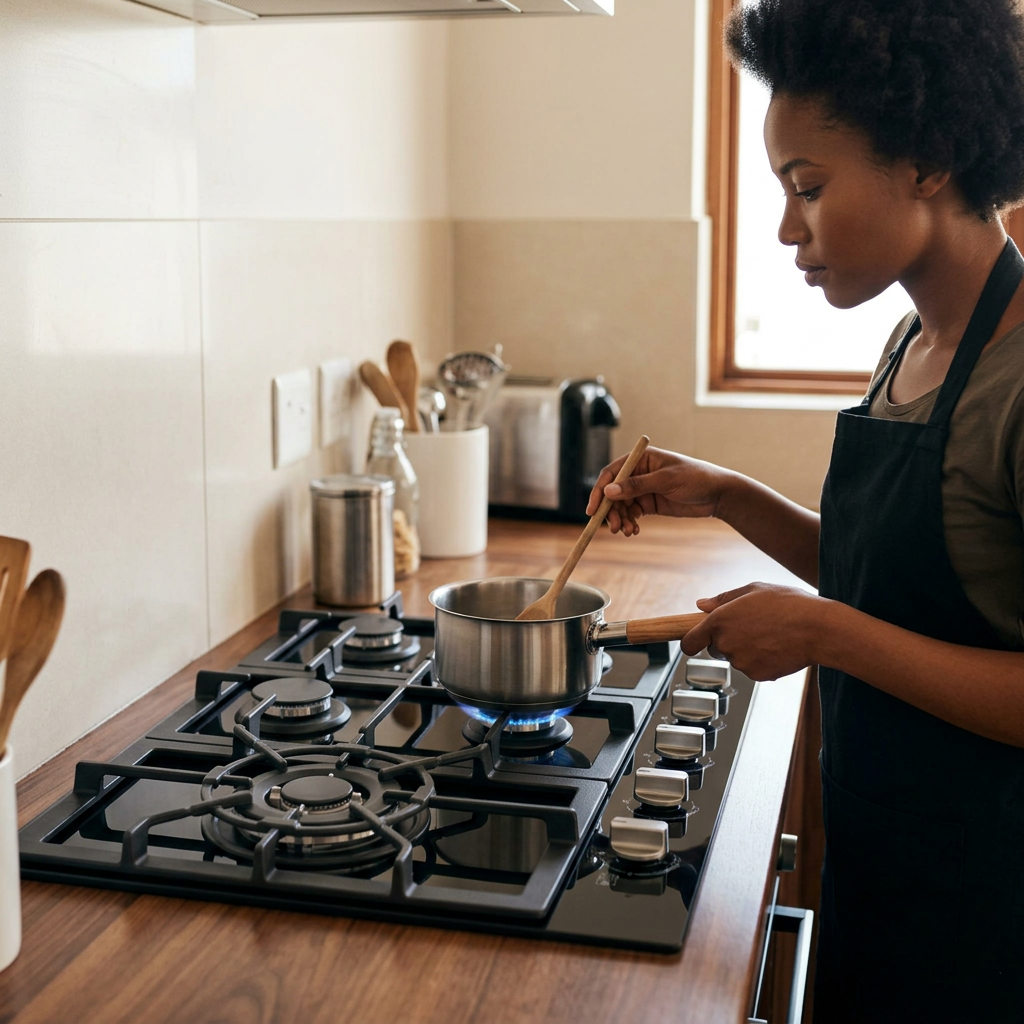 Side-view cooking scene with the cook using a nearby burner from the control side