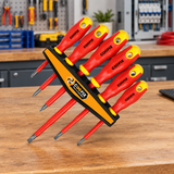 Six-piece Coofix insulated screwdriver set on a workshop bench