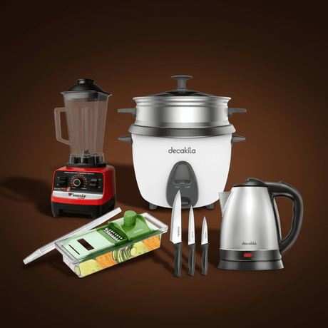 SM Essential Bundles Kitchen Tools & Accessories Cook And Save Combo Deal - Blender + Electric Kettle + Rice Cooker + Mandoline Slicer + 3 Pieces Knife