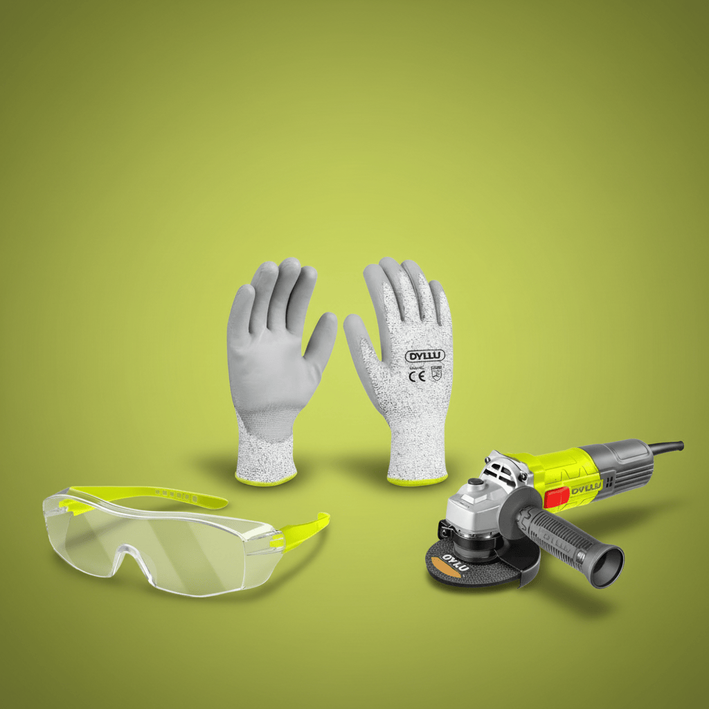 SM Essential Bundles Specialty Safety Equipment Dyllu Site-Standard Grinding Gear - Dyllu XL Cut Resistance Gloves - DTPG1805, Dyllu 710W Angle Grinder - DTAG15711, Dyllu Flank Protection Safety Goggles - DTSG1803