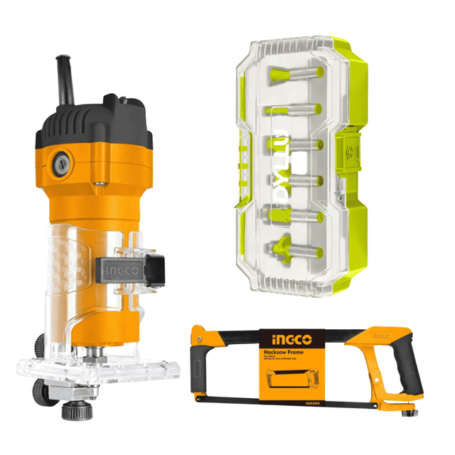 SM Essential Bundles Hand Saws & Cutting Tools Edge Pro Cut Set - Laminate Trimmer, Hacksaw And 6 Pieces Router Bits Set