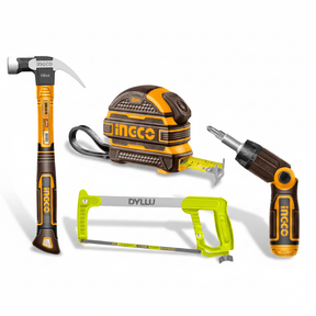 SM Essential Bundles Specialty Safety Equipment Essential Hand Tool Kit - Ingco Measuring Tape, Ratchet Screwdriver, Claw Hammer & Dyllu Hacksaw Frame
