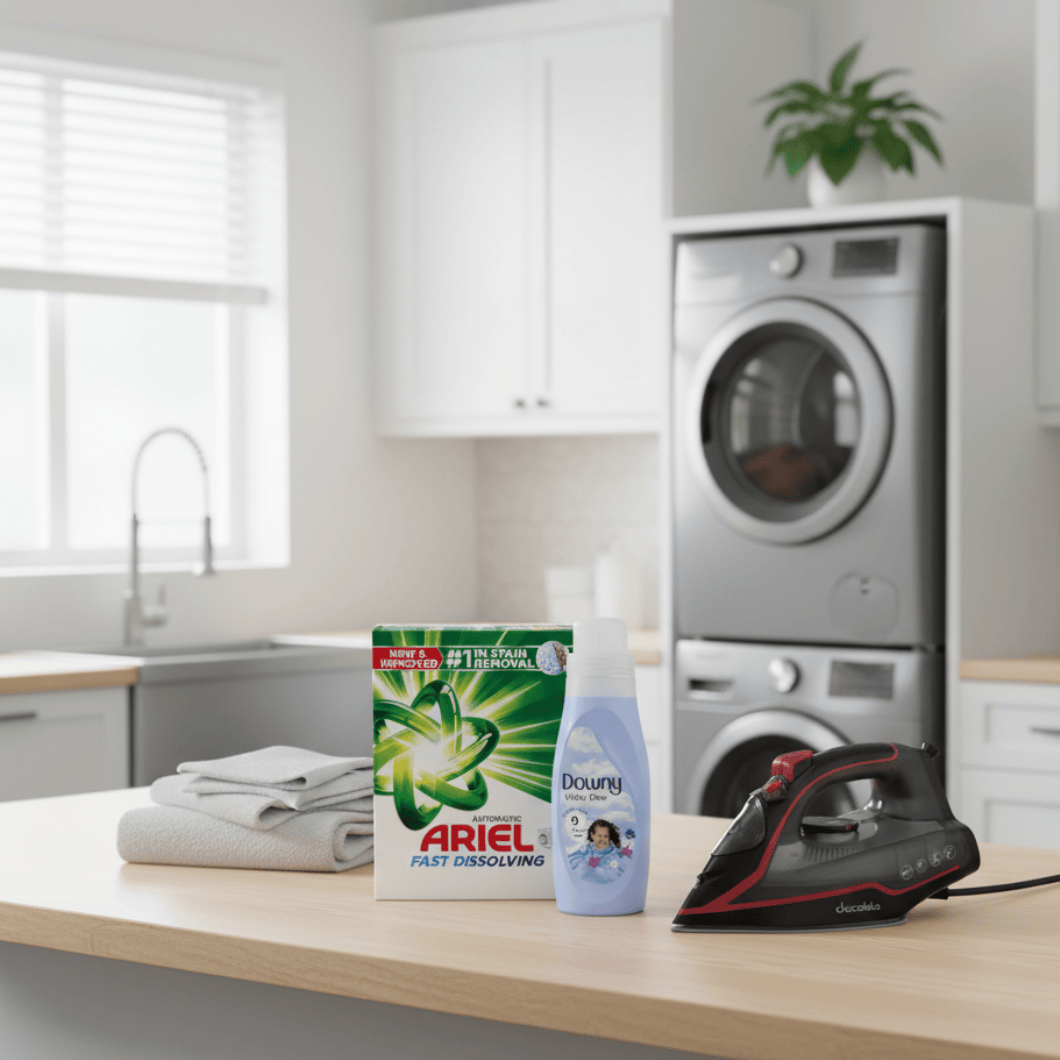 SM Essential Bundles Laundry Supplies LaundryCare Kit - Decakila 2400W Steam Iron + Ariel Automatic Original Scent Laundry Powder Detergent 2.5 Kg + Downy Valley Dew 9 Washes Fabric Conditioner 1L