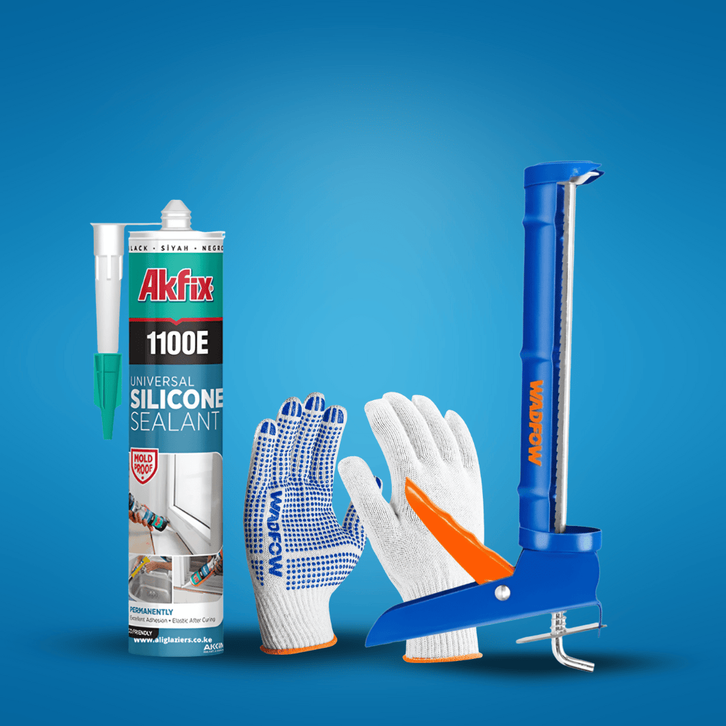 SM Essential Bundles Caulk & Sealants Perfect Seal Pack - Wadfow Knitted & PVC Dots Gloves + Wadfow  9'' Caulking Gun + Akfix Silicone 280g Sealant