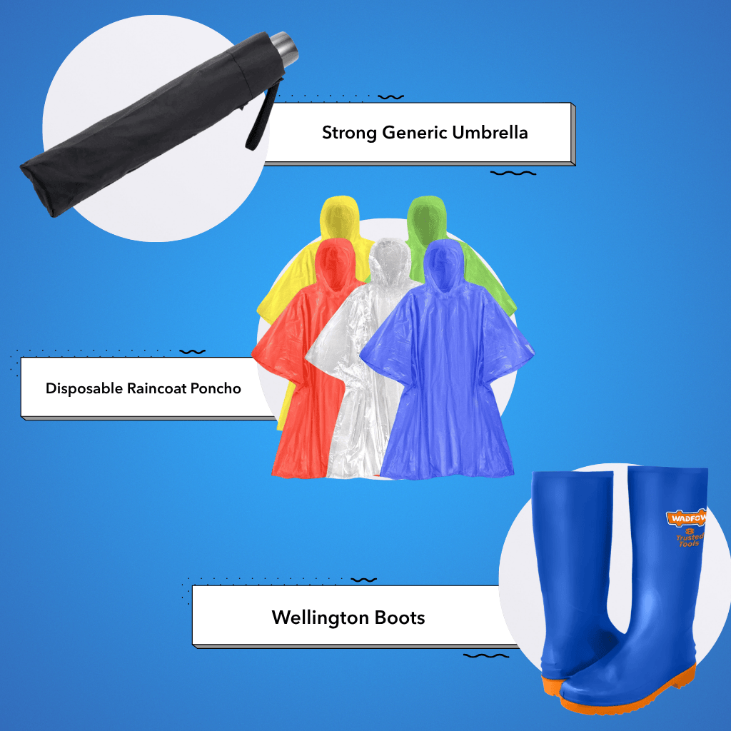 SM Essential Bundles Specialty Safety Equipment Rainy Day Essentials Set - Umbrella, Raincoat & Wellington Boots