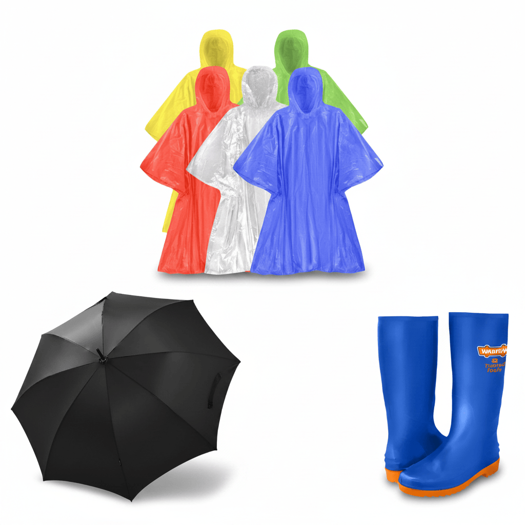 SM Essential Bundles Specialty Safety Equipment Rainy Day Essentials Set - Umbrella, Raincoat & Wellington Boots
