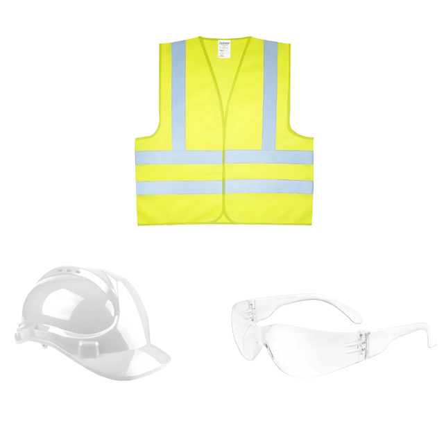 SM Essential Bundles Specialty Safety Equipment Site Safety Starter Kit - Dyllu Reflection Vest, Safety Goggles & Safety Helmet