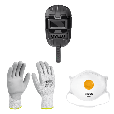 SM Essential Bundles Specialty Safety Equipment Ultimate Safety Pro Kit - Dyllu Welding Mask With Welding Glass, Dyllu XL Cut Resistance Gloves, 12 Pieces Dust Mask with Breath