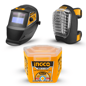 SM Essential Bundles Protective Gear Welding Safety & Finishing Kit - Ingco Auto Darkening Welding Helmet with UV/IR Protection (AHM008),  50-Piece Abrasive INOX Metal Cutting Disc Set (115mm x 1.2mm), Safety Kneepads with Impact-Resistant Shell (HKPT0101)